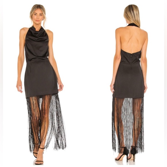 Elliatt Dresses & Skirts - ELLIATT x Revolve Beatrice Halterneck Draped Neckline Fringe Black Dress Size S